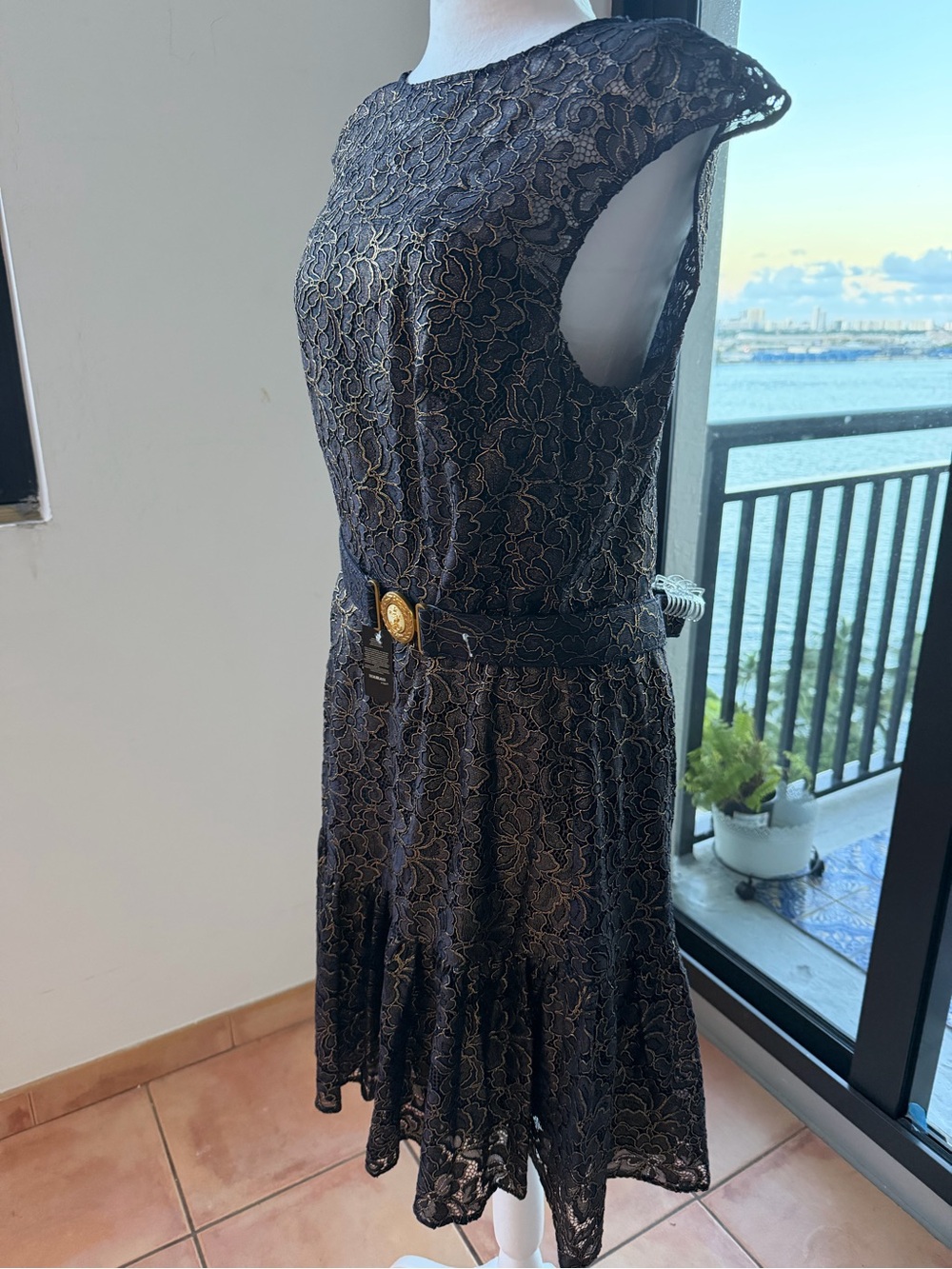 Ralph Lauren Belted Metalic Lace Dress with Gold Belt Emblem